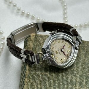 Vintage Silver Wind-Up Heart Watch with Brown Braided Leather Band